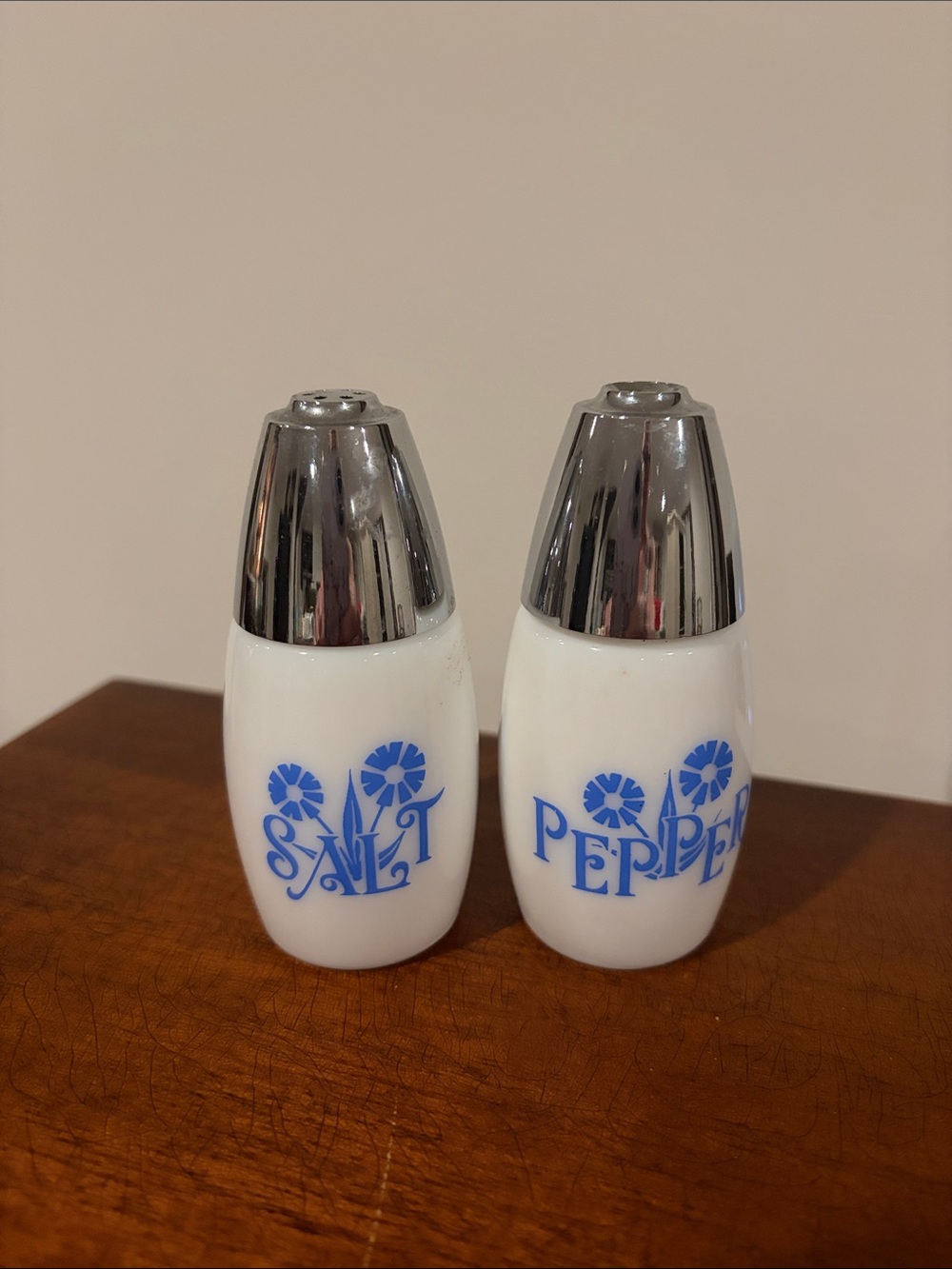 Blue Floral Salt & Pepper Shakers - White Glass with Chrome Tops
